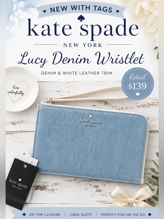 kate spade Handbags - NWT Kate Spade Lucy Denim Zip Wristlet with Cream Leather Trim